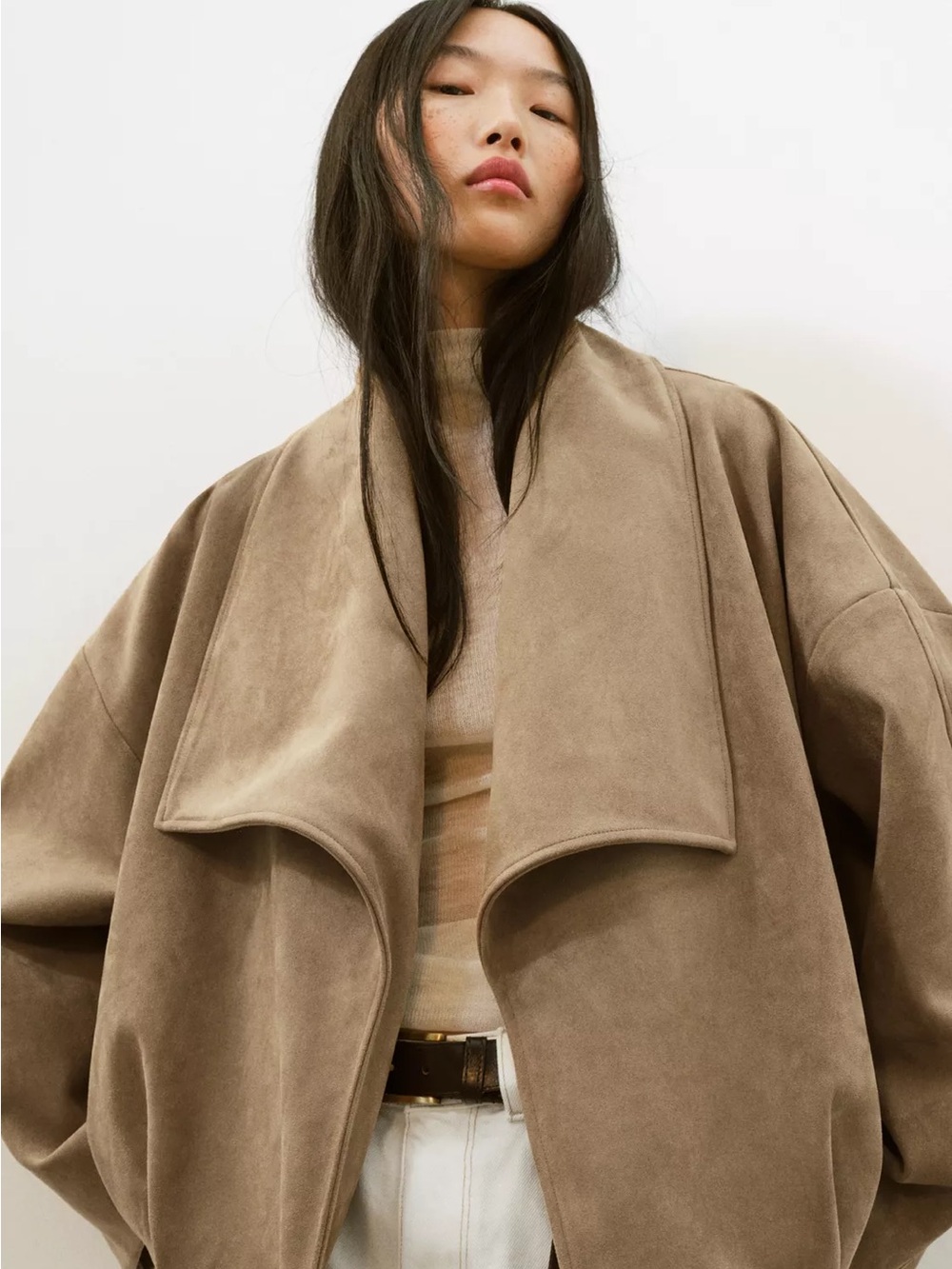 ZARA Faux Suede Wrap Jacket In Dark Carmel